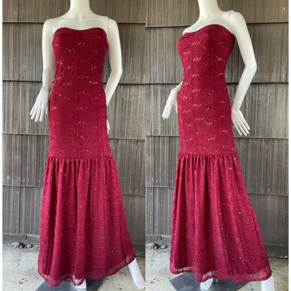 🔥Yellow Star Lace Sequins Strapless Mermaid Dress Burgundy Evening Party Dress - Picture 1 of 13